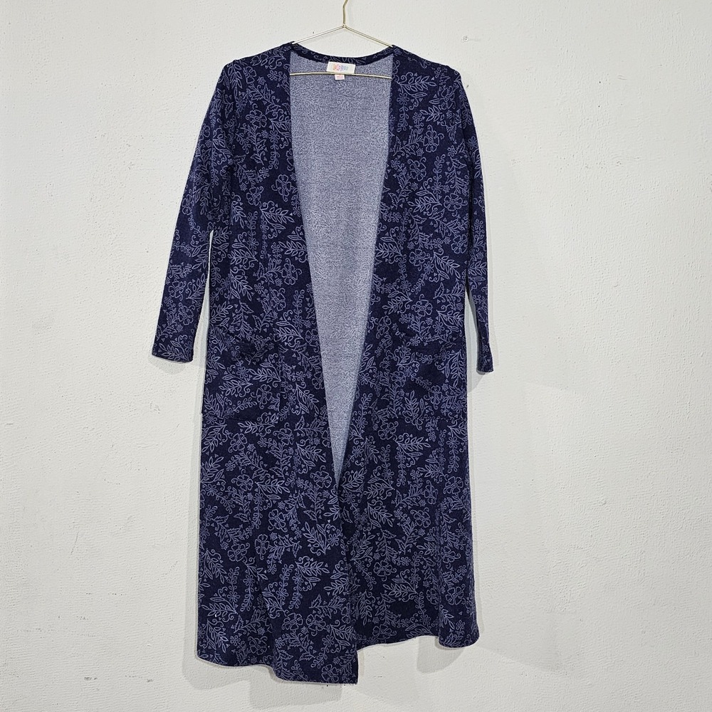 LuLaRoe Sarah Long Cardigan Sweater Small Navy Blue Floral Duster Pockets Womens